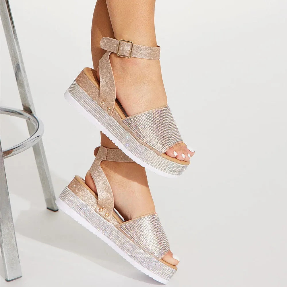 Rhinestone platform sandals for women in black with PU upper and rubber sole