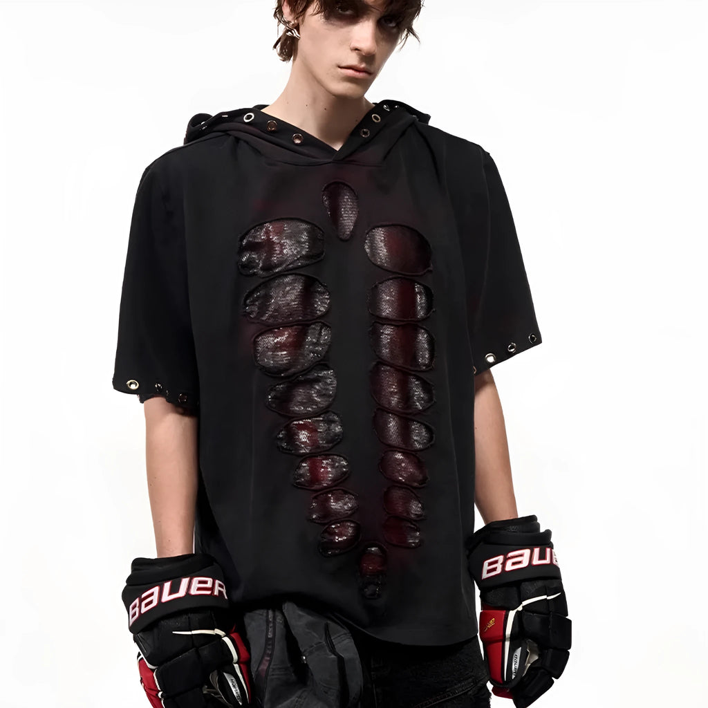 Men's black loose-fit hooded t-shirt with short sleeves and sequin decoration.