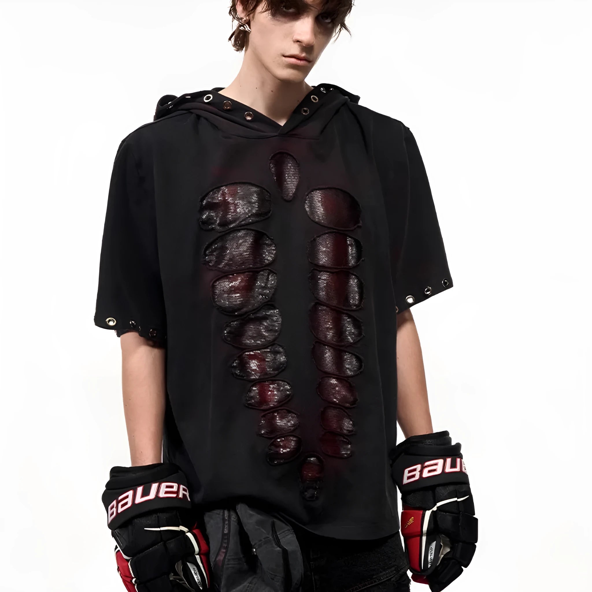 Men's black loose-fit hooded t-shirt with short sleeves and sequin decoration.