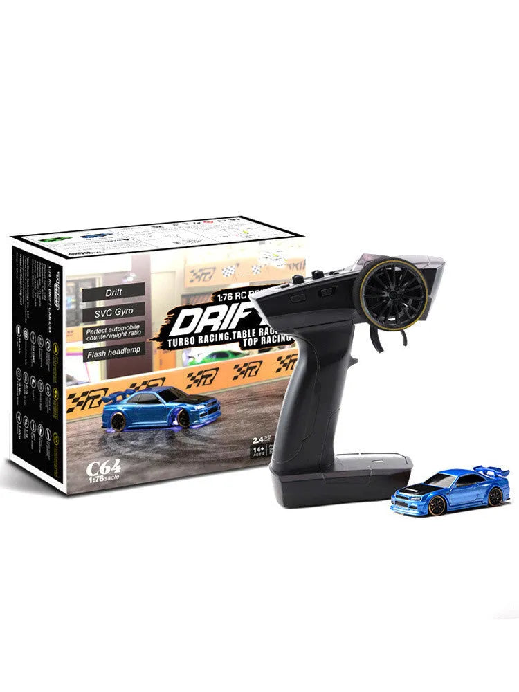 Blue and green Turbo Racing C64 remote control drift cars with handle-style remote controllers