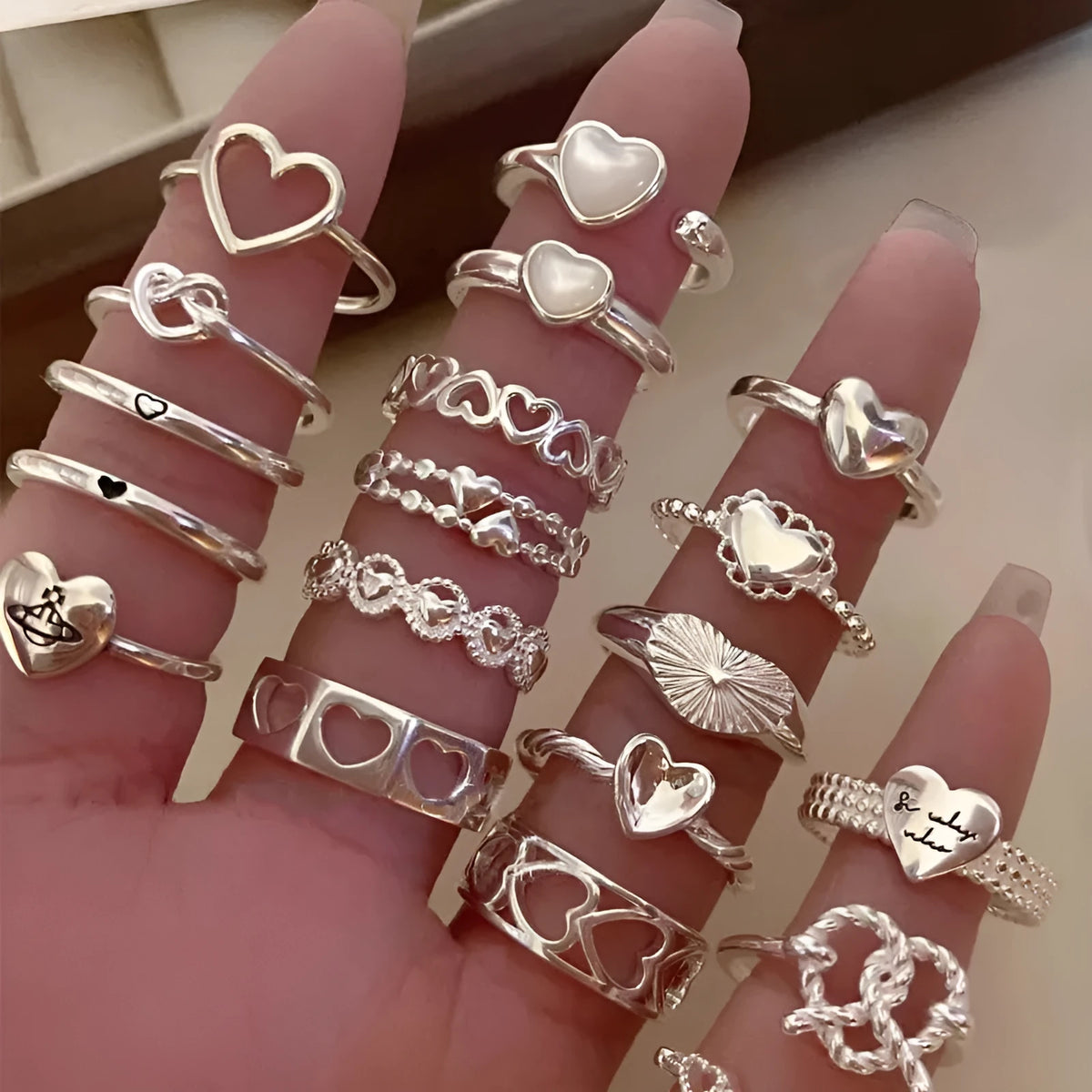 Adjustable heart-shaped ring for women, copper band with electroplated finish, geometric love-heart design