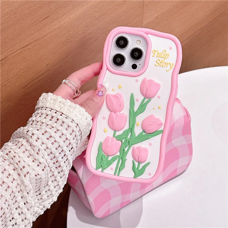 3D tulip silicone iPhone case with frosted finish, pink and colour matching, fall protection cover