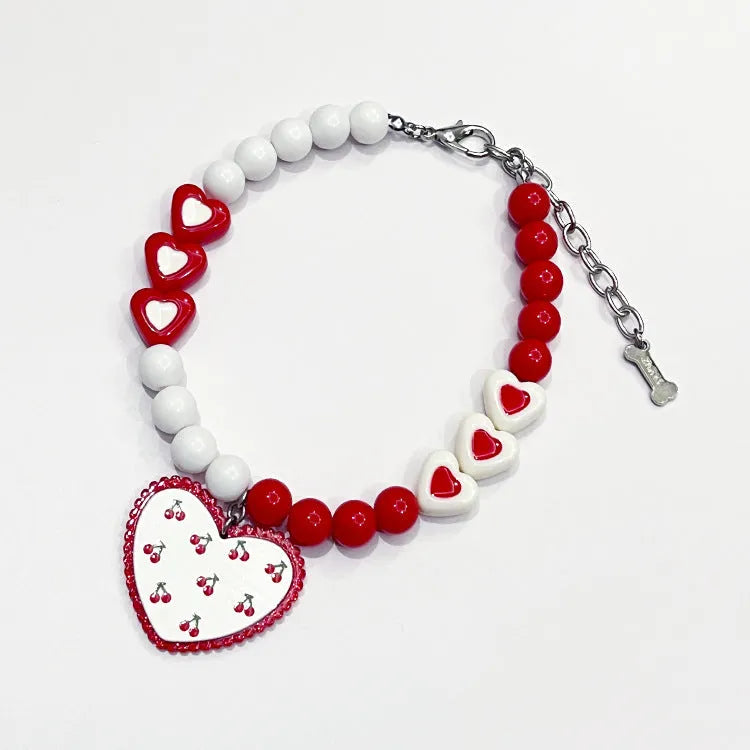 Red heart bead dog collar with flower pattern, princess style, available in sizes S M L