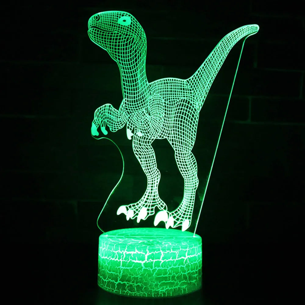 Colourful 3D dinosaur night light with LED glow on a square black plastic base.