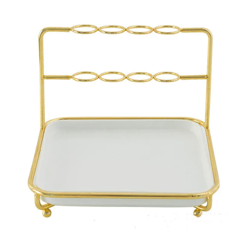 Modern cosmetics storage rack in iron and ceramic on a desktop with makeup items inside