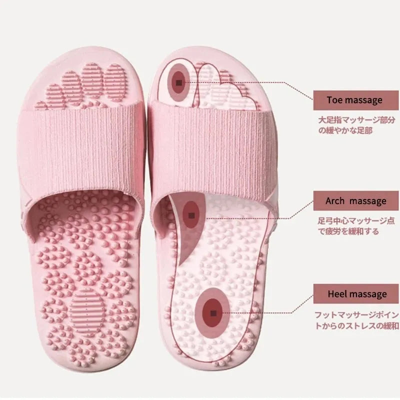 Pair of reflexology foot massage slippers with 3D acupressure particles, blue colour, on a light background
