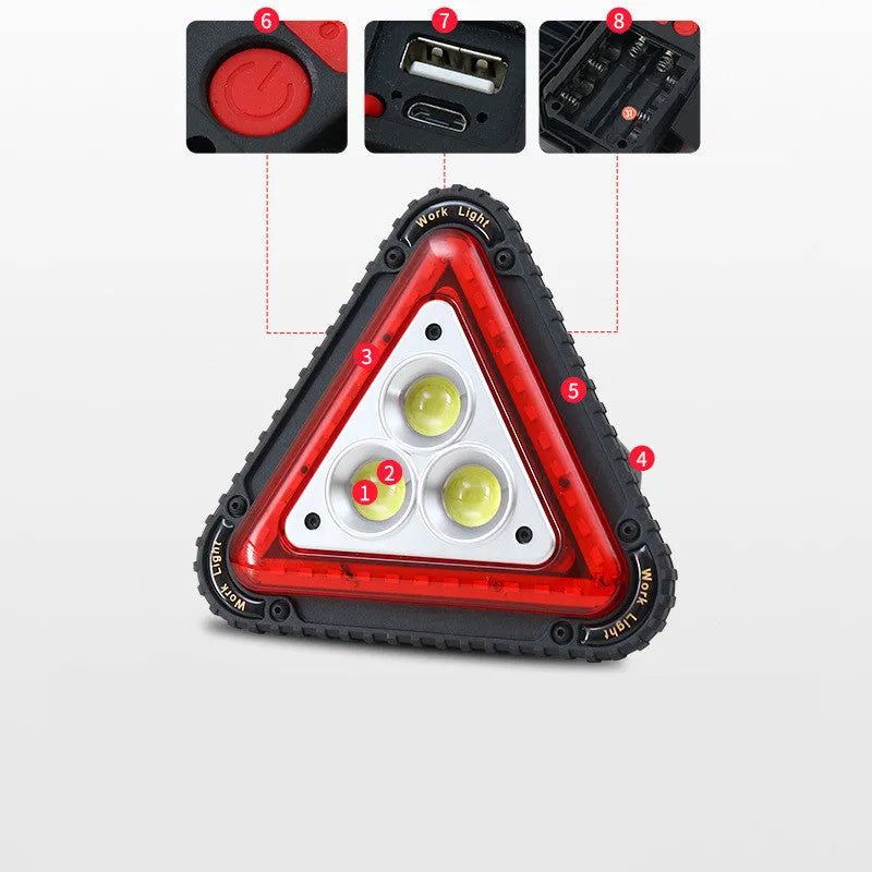 Triangular red warning light with 20W COB+LED hand-pressure rechargeable ABS casing