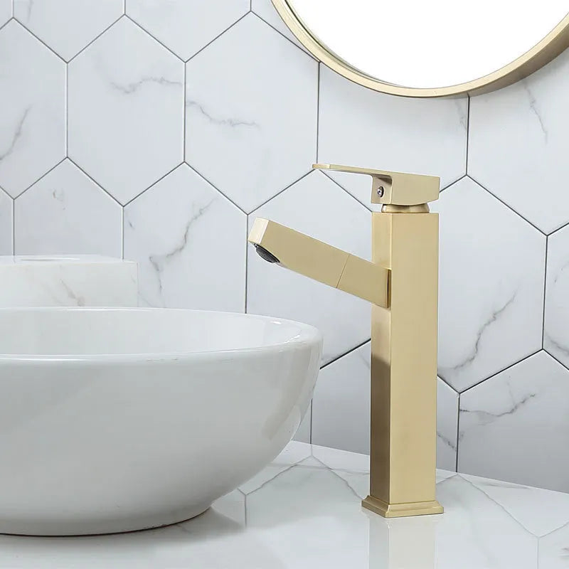 Nordic style brass brushed gold pull faucet for hot and cold water with square design
