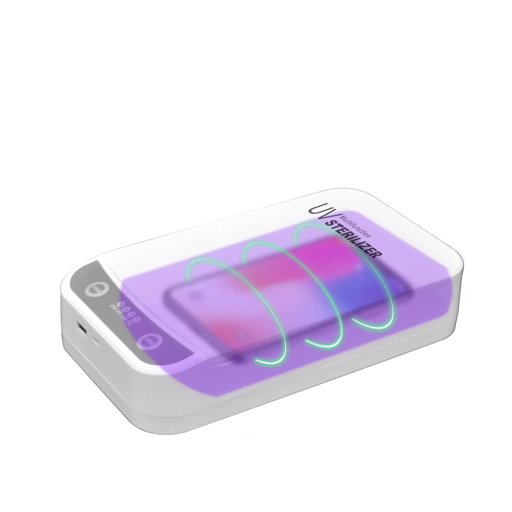 Compact UV disinfection box for sanitising mobile phones and small personal items.