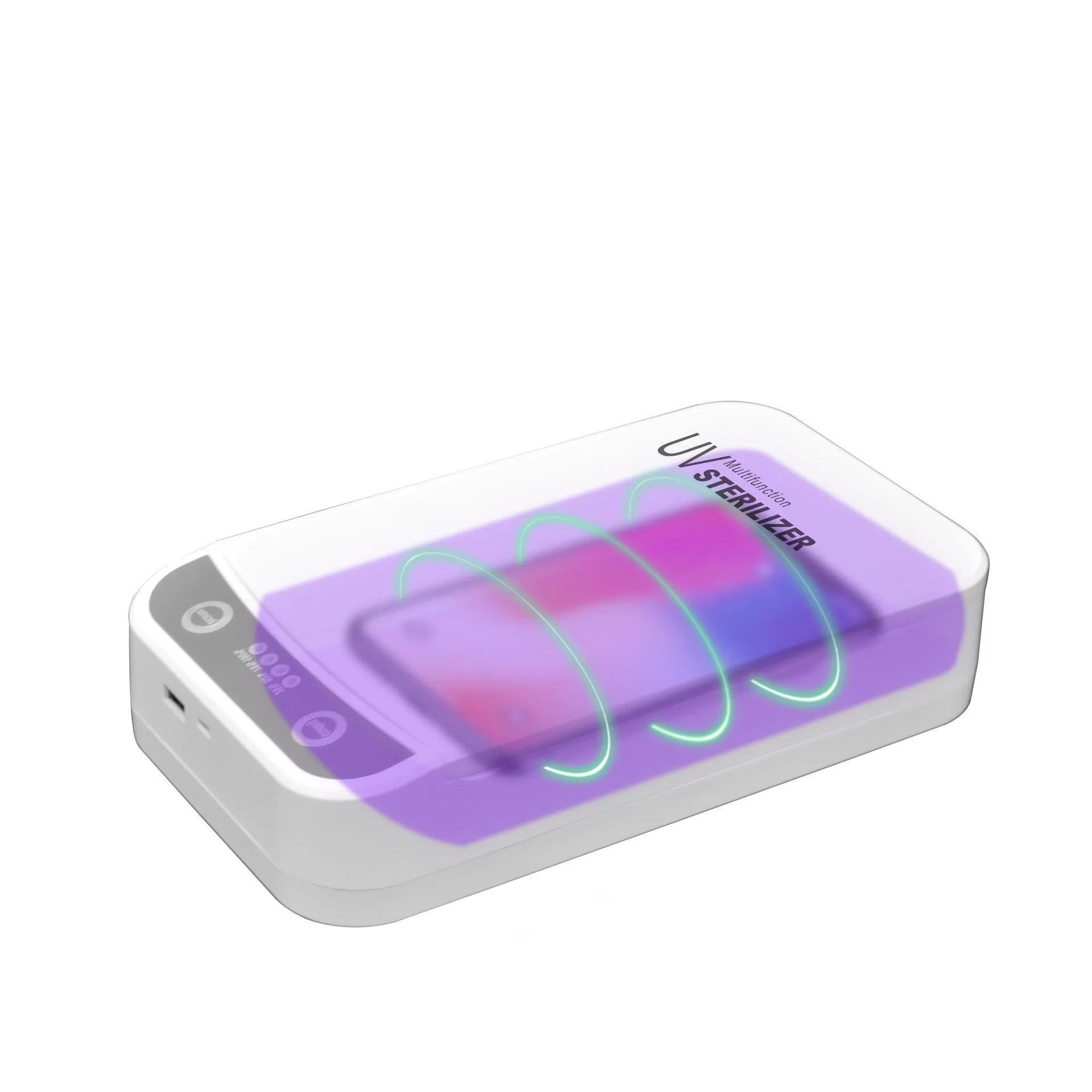 Compact UV disinfection box for sanitising mobile phones and small personal items.