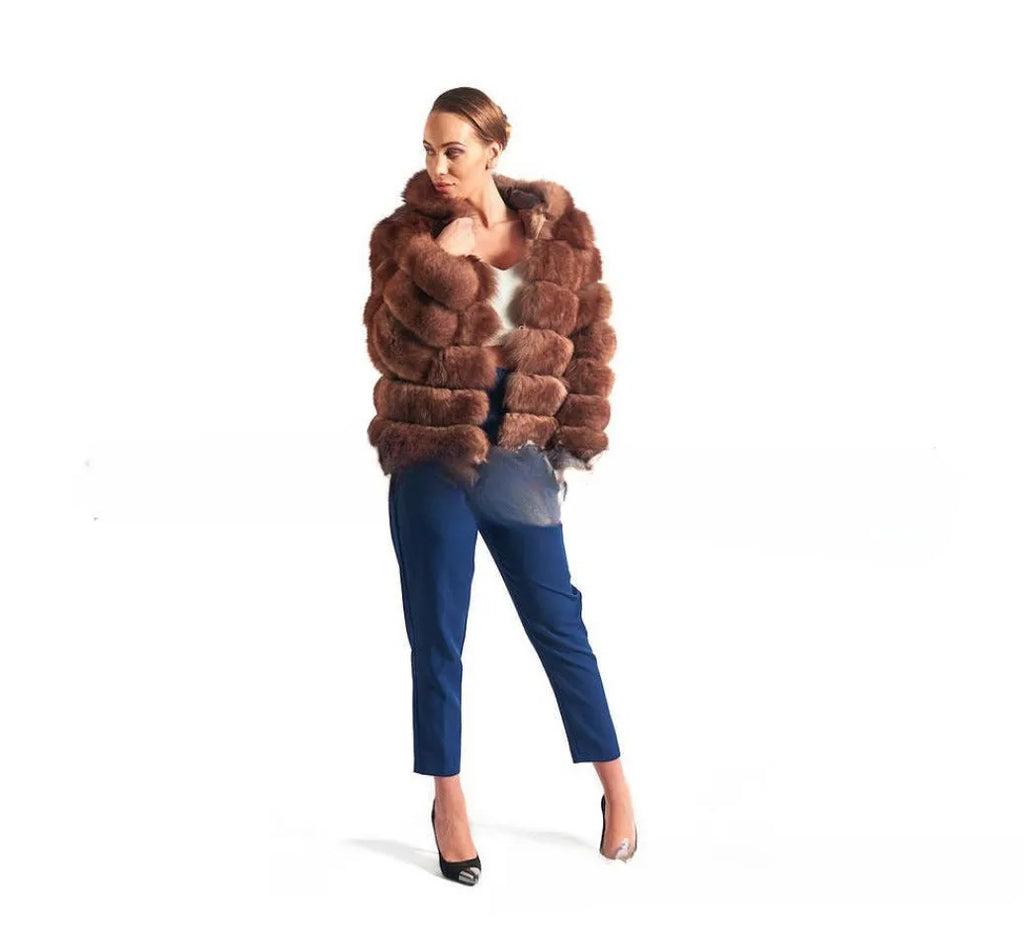 Women's brown artificial fur hooded coat on a hanger, street fashion style.