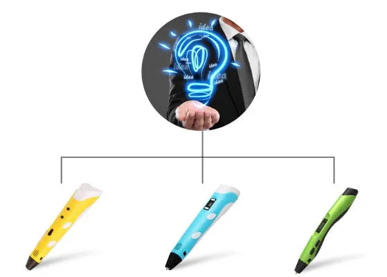 Plastic 3D printing pen in black with nozzle tip, 18cm long, on white background