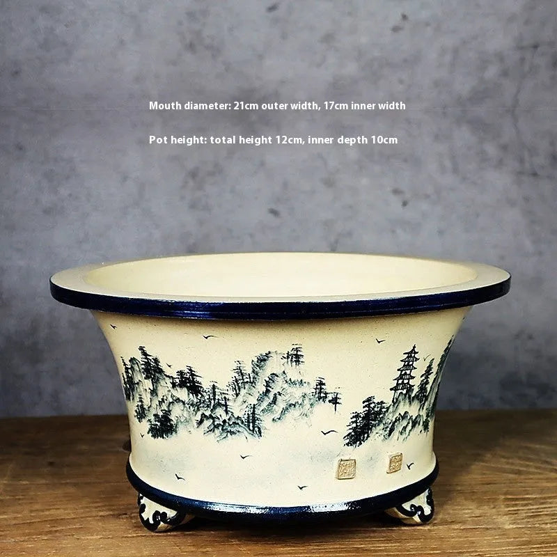 Lingnan Shiwan glazed ceramic flower pot with hand-painted high mountains landscape design, wide mouth, 21cm to 35cm