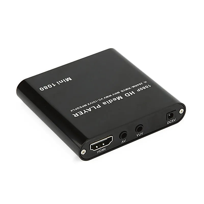 Compact black and blue all-metal 1080P Full HD media player with remote control