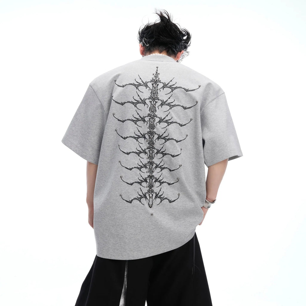 Men's snake pupil backbone embroidered heavy rivet short sleeve pure cotton T-shirt in cool black, loose fit pullover style