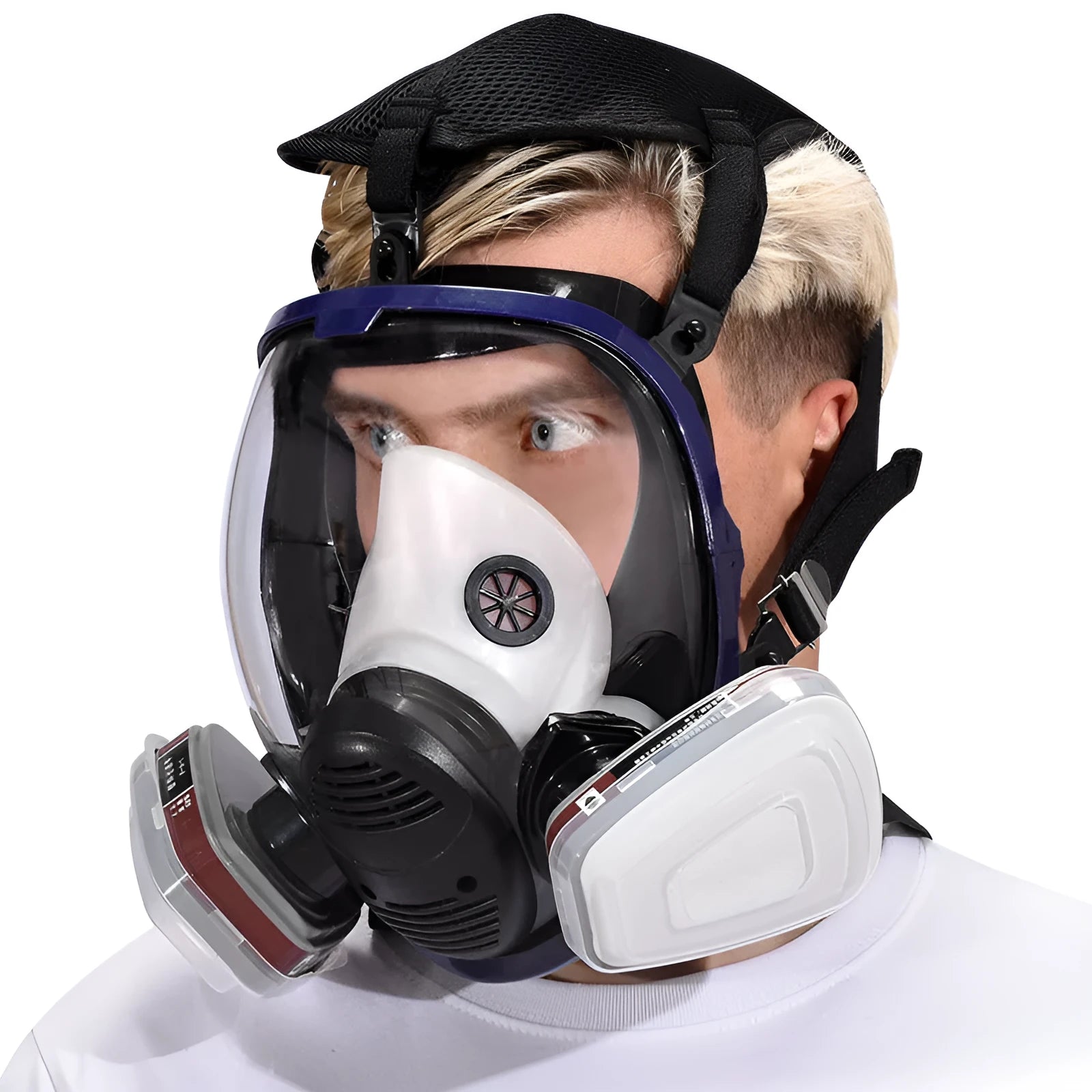 Blue edge spherical full face mask with trapezoidal canister design for KN95 respiratory protection