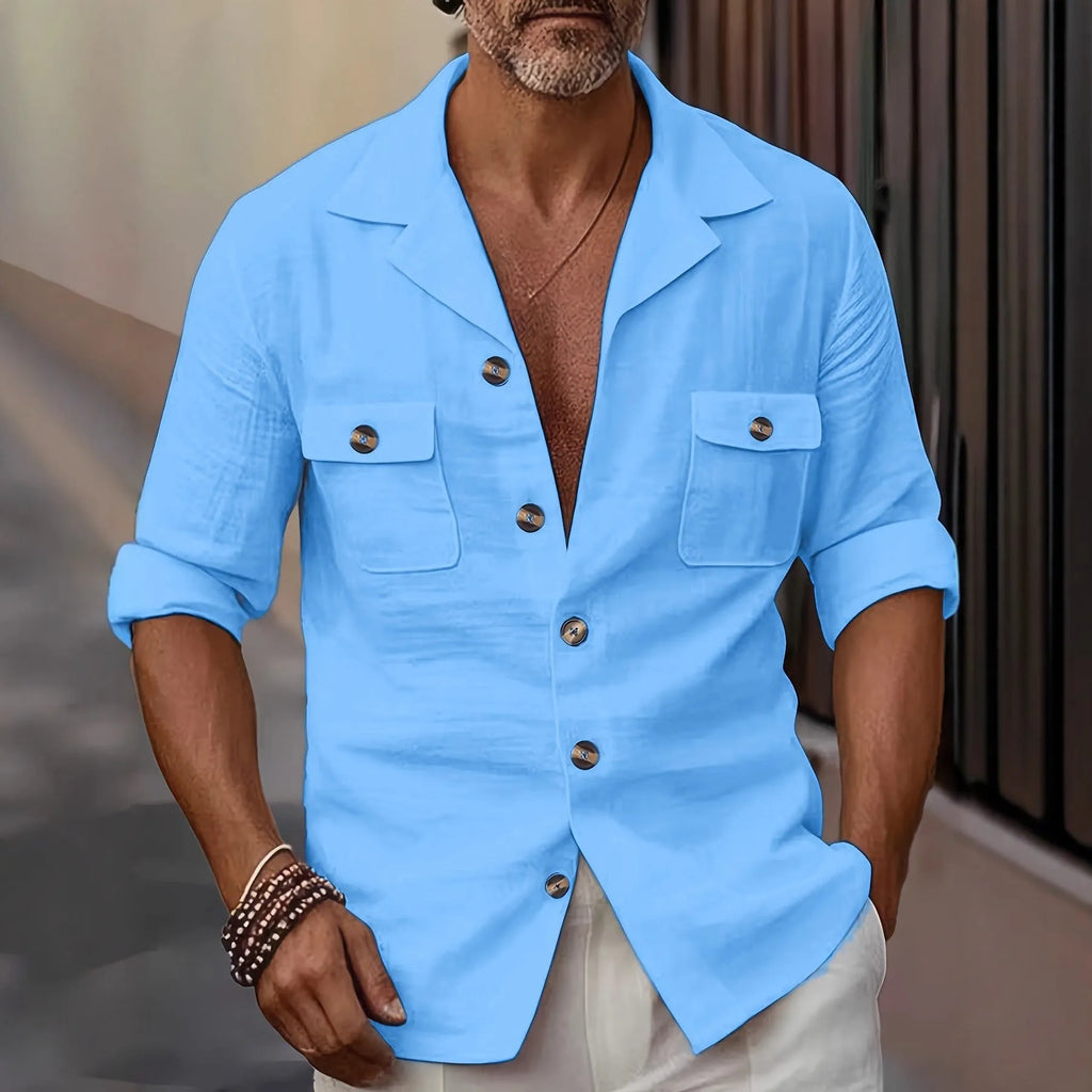 Men's casual linen blend solid colour shirt with tailored collar and button pocket, regular fit in white
