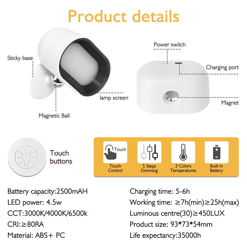 Modern white plastic magnetic wall lamp with a remote control on a wooden surface.