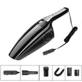 Black handheld car vacuum cleaner with nozzle, powered by a 12V cigarette lighter plug.