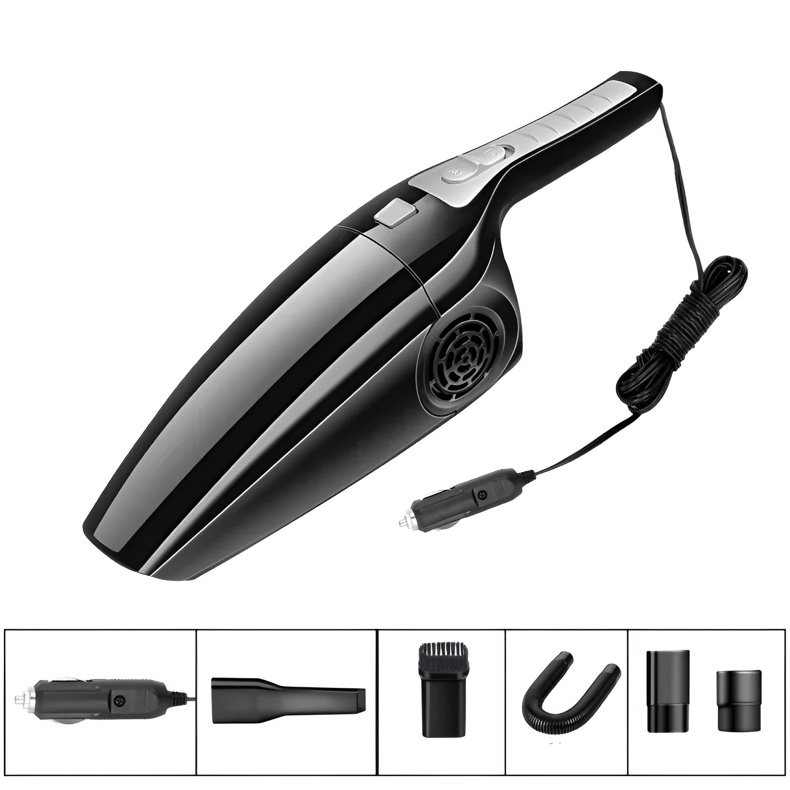 Black handheld car vacuum cleaner with nozzle, powered by a 12V cigarette lighter plug.