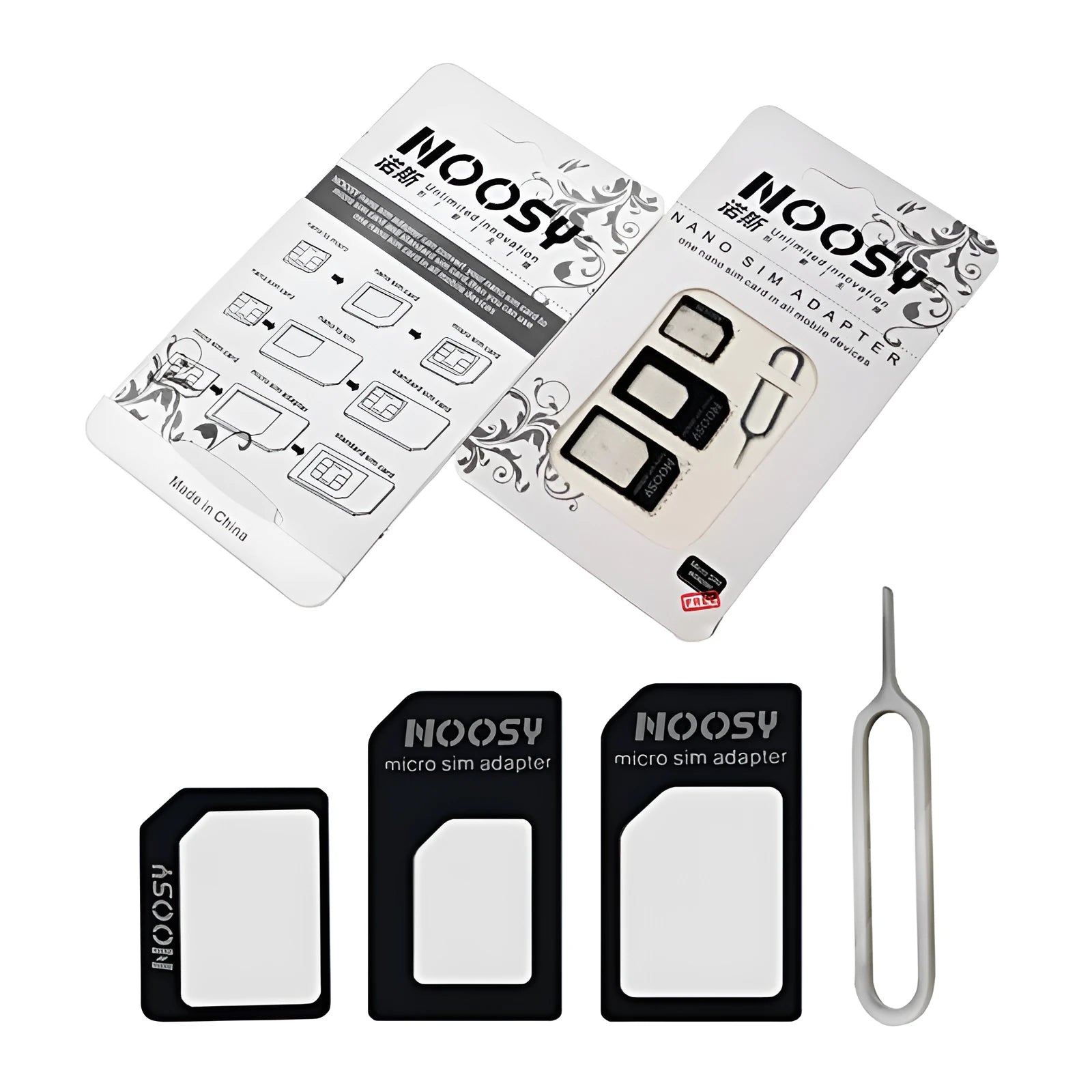 Three blank SIM cards in black and white colours showing cuttable design for different phone SIM sizes