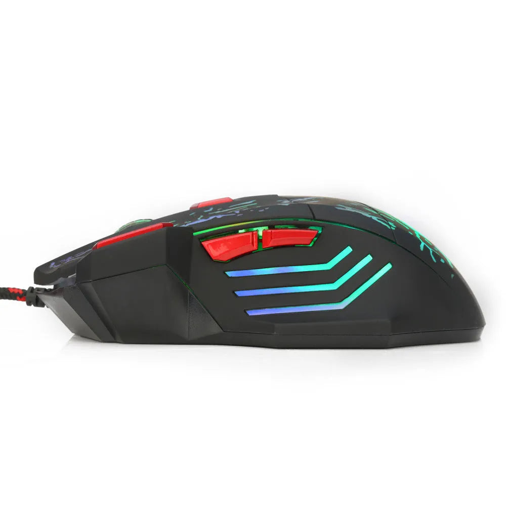 Black Water Crack pattern luminous gaming mouse with USB cable on desktop