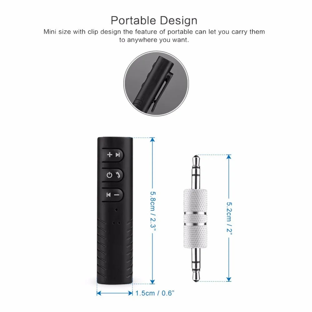 Black Bluetooth audio receiver car kit with 3.5mm jack for wireless music streaming and hands-free calling