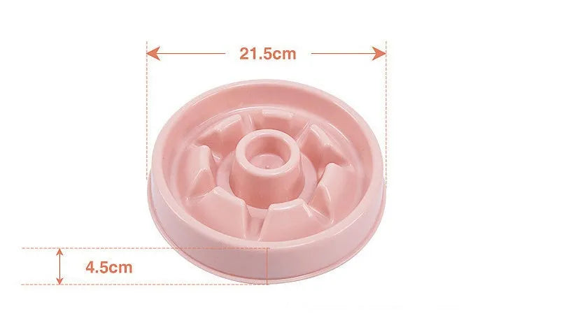 Plastic slow food bowl for dogs and cats with flower-shaped internal obstacles, pink colour, choke prevention design.