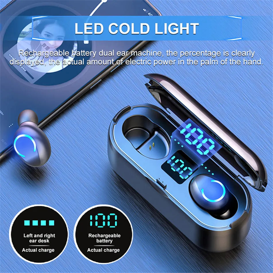 Binaural digital display Bluetooth headset in black with earplug-style fit and stereo sound