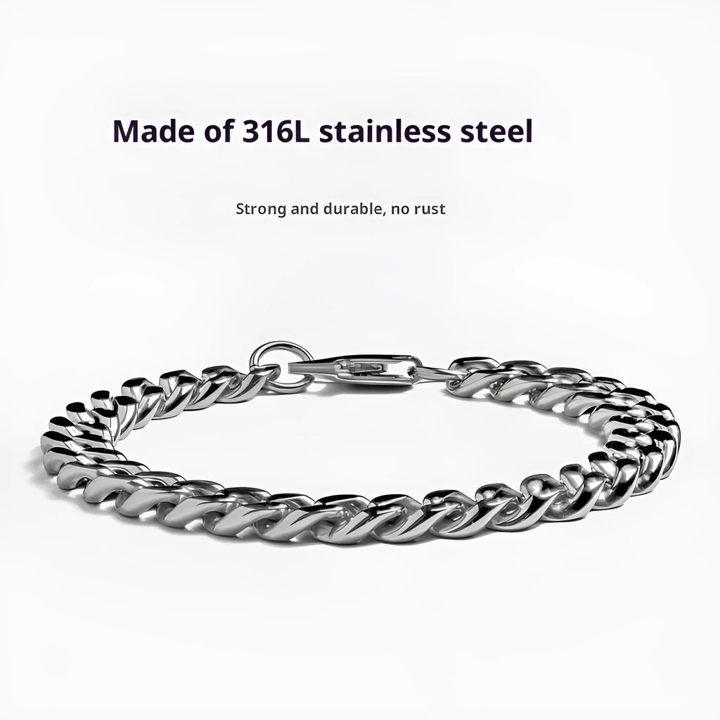 Stainless steel Cuban link chain bracelet in polished silver finish, 8mm width