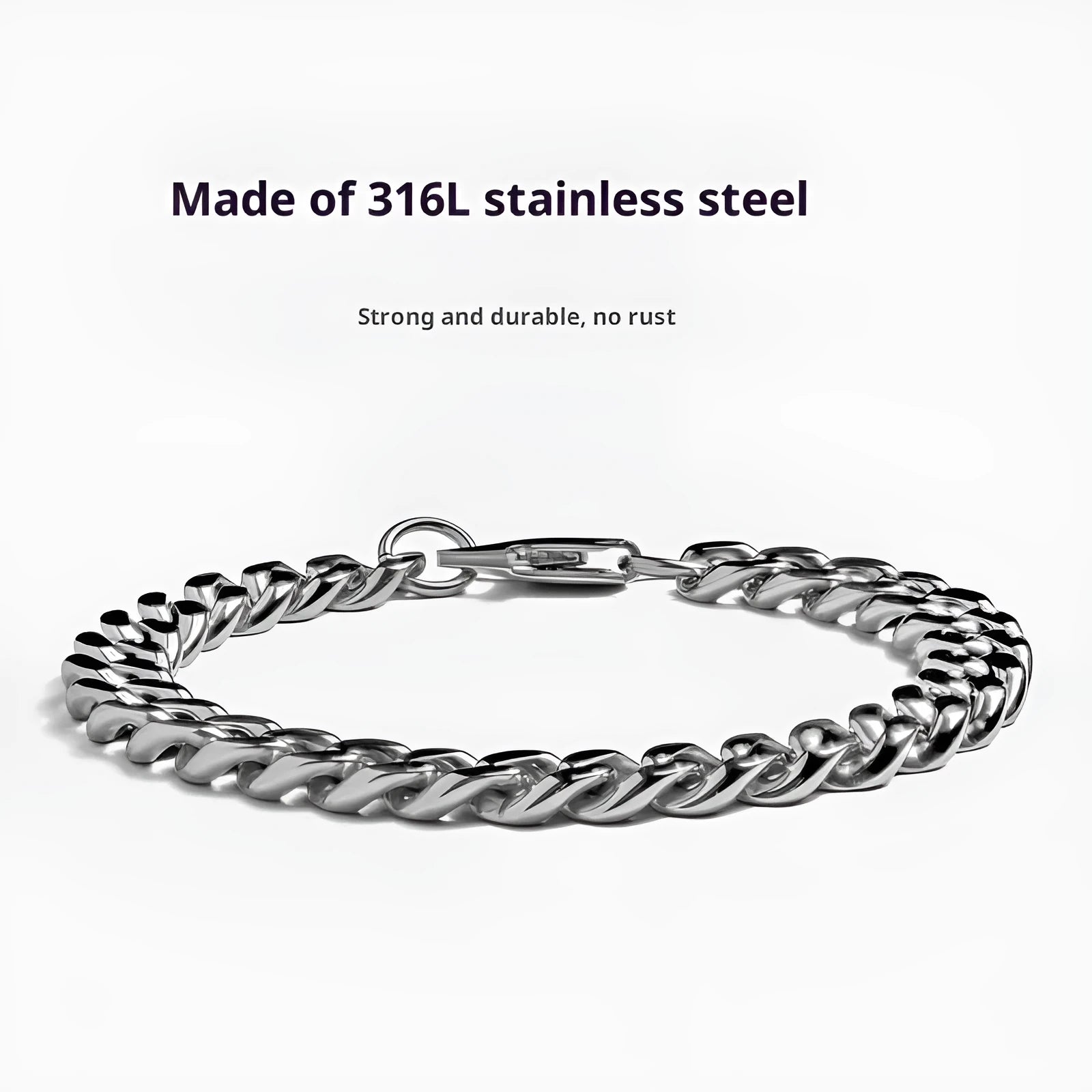 Stainless steel Cuban link chain bracelet in polished silver finish, 8mm width