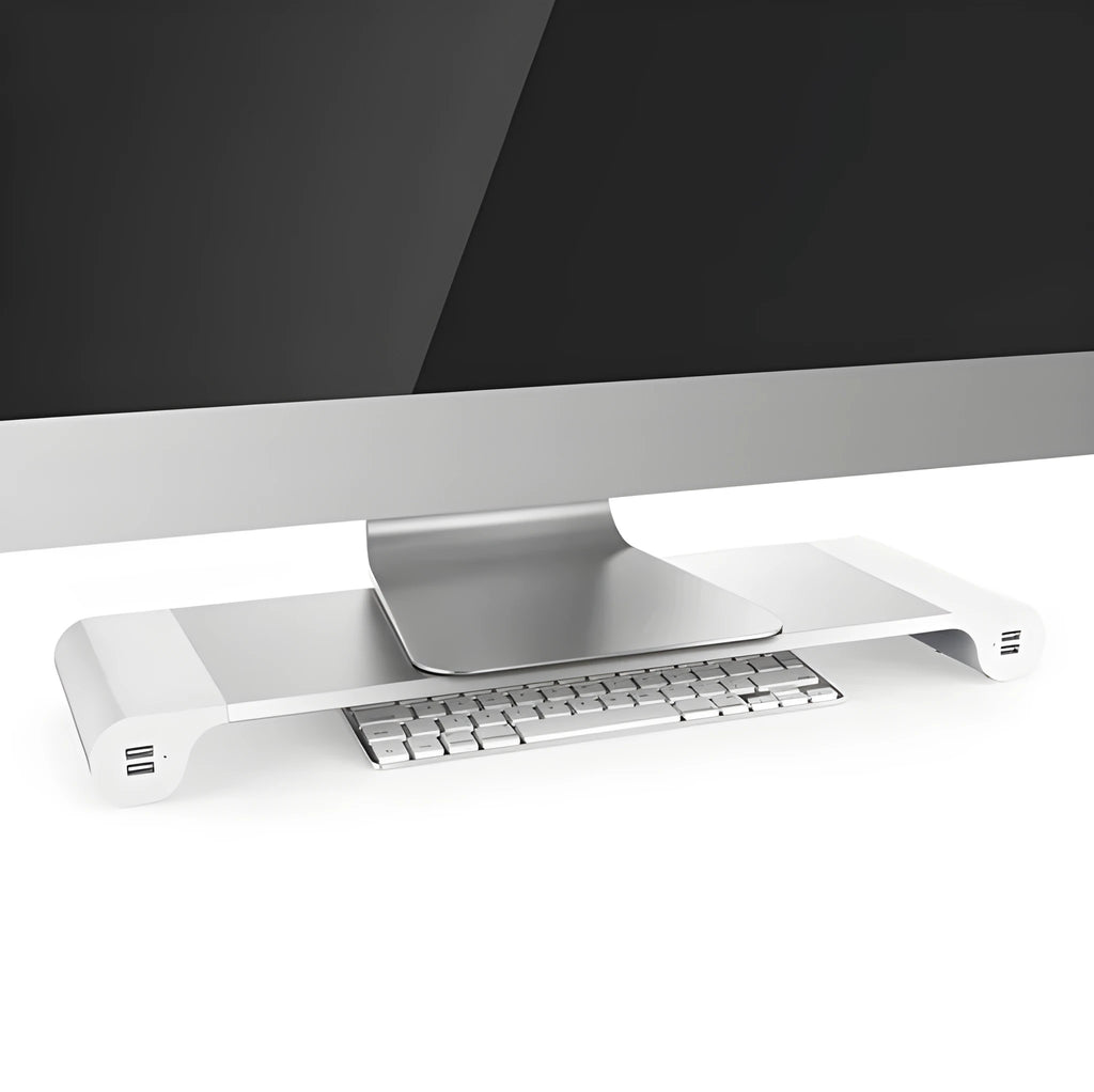 Silver and black computer monitor stand with USB ports on the front and a keyboard shelf underneath
