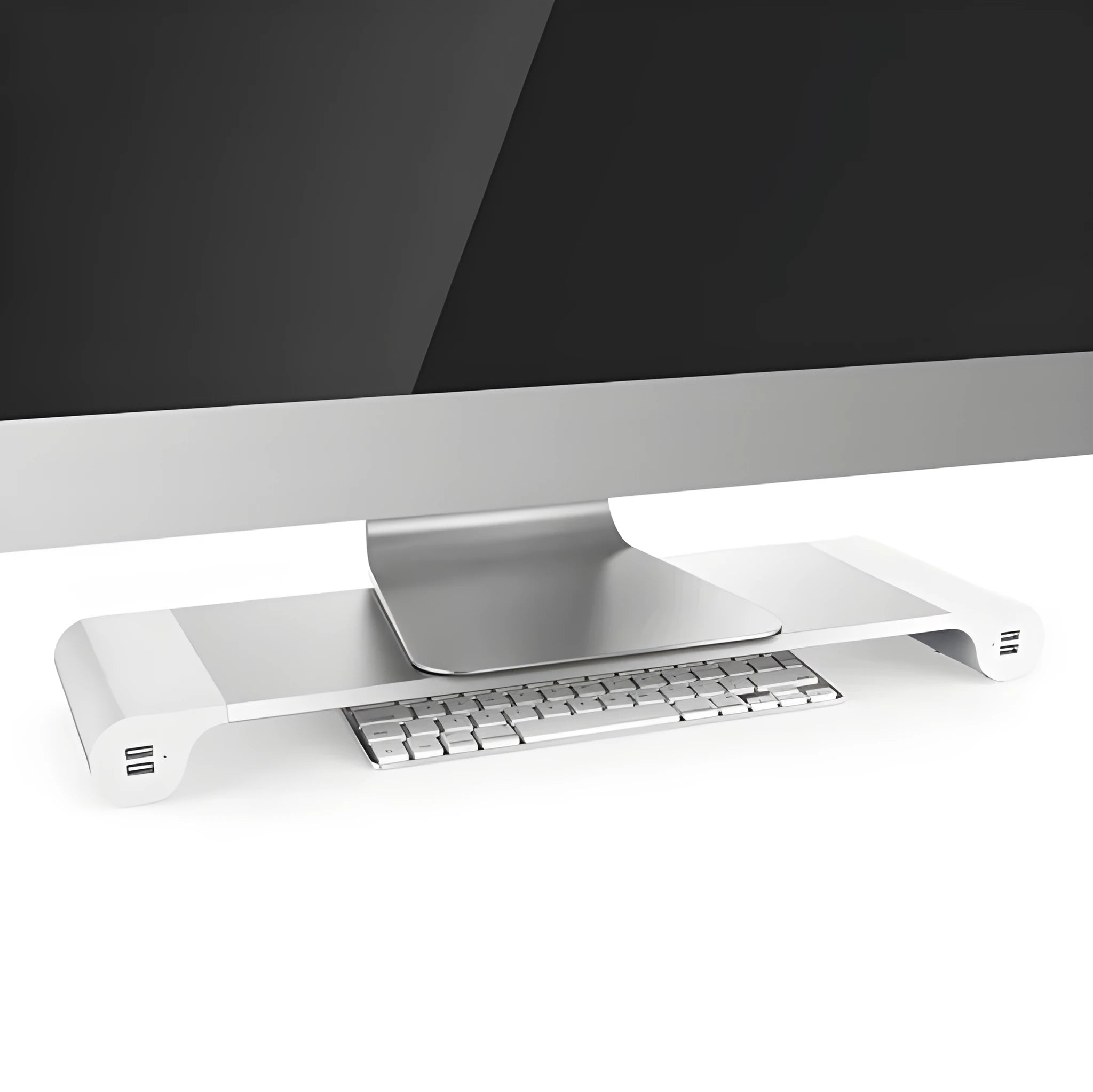 Silver and black computer monitor stand with USB ports on the front and a keyboard shelf underneath