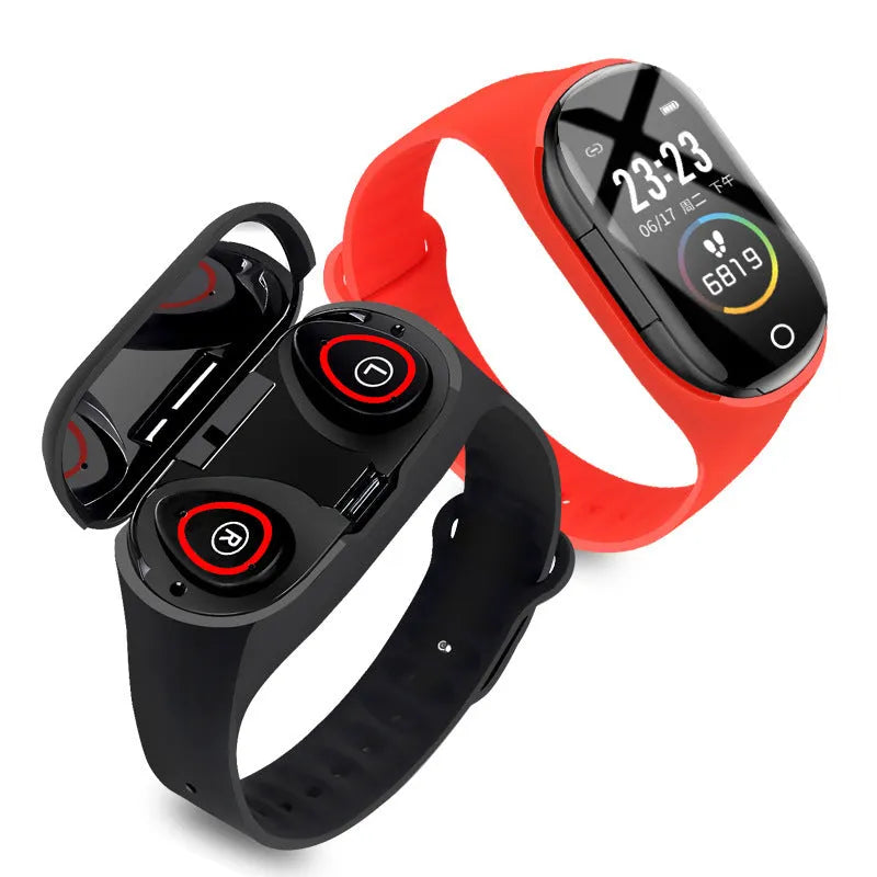 Smart bracelet and Bluetooth earphone combo wearable device with a 1-inch screen on a silicone wristband.