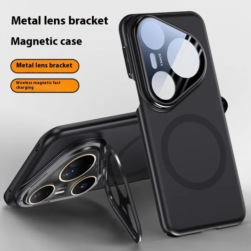 Huawei P80 magnetic lens bracket phone case in black, silver, and bright red frosted PC material