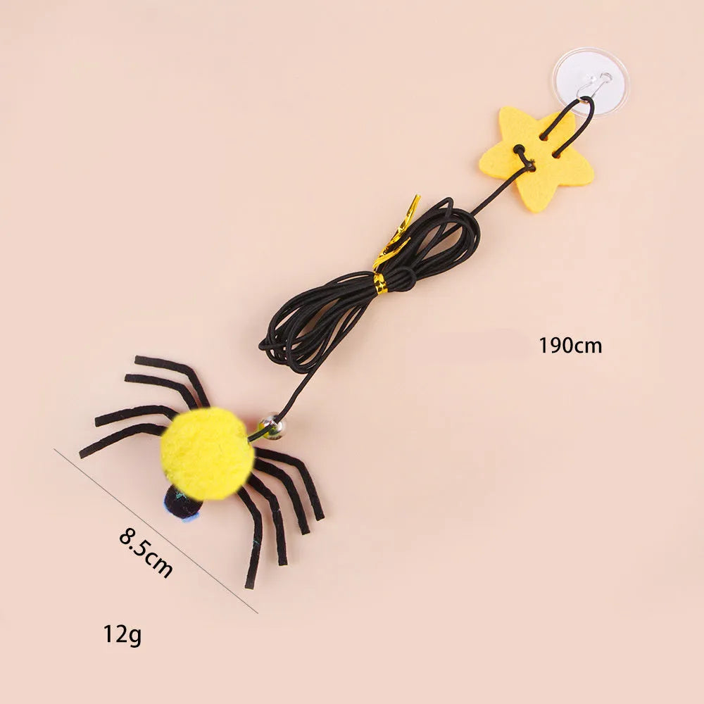 Hanging door cat toy with elastic rope and feather stick in red or yellow colour options