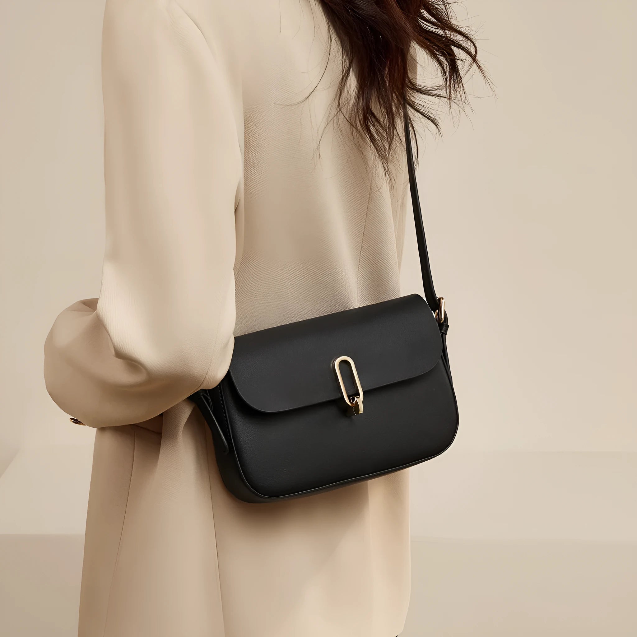 Men's black square shoulder messenger bag made from genuine cowhide leather with lock hardware