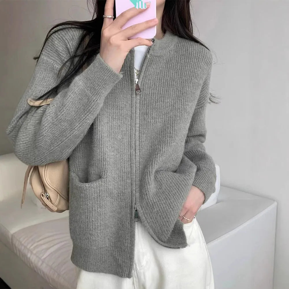 Soft wind glutinous sweater coat cardigan in beige colour, shown as a long-sleeve casual knitwear layer.