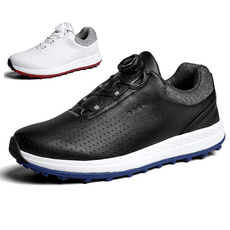 Men's white and black golf shoes with breathable design and non-slip sole for lawn courses