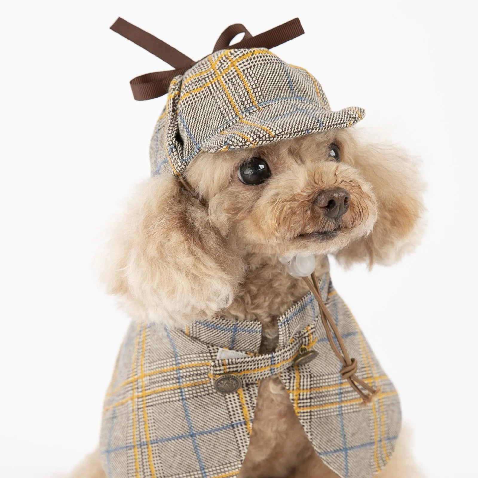 Camel coloured detective suit style cotton pet cloak with adjustable hat shown on dog model
