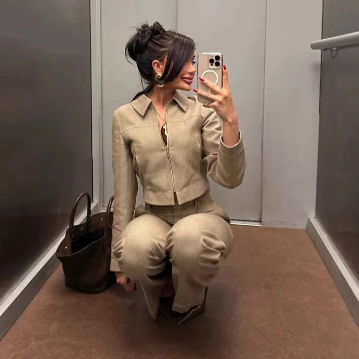 Women's herringbone pattern suit set with 3D embroidery detailing on jacket and trousers