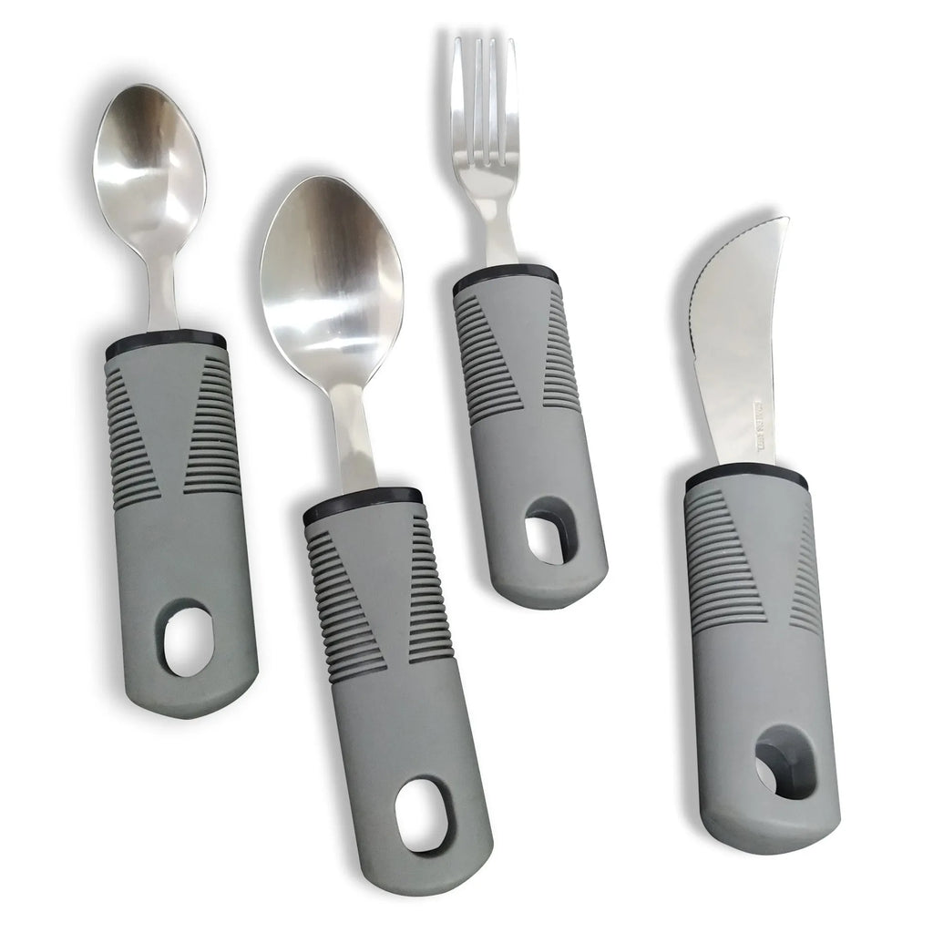 Stainless steel adaptive cutlery set with rubber handles for tremor assistance