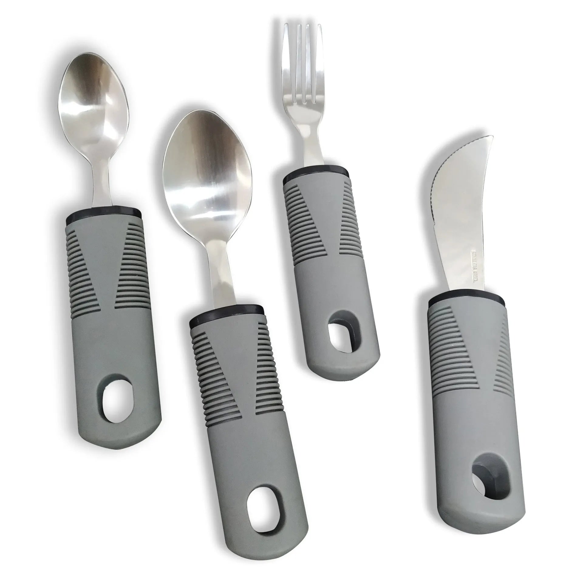 Stainless steel adaptive cutlery set with rubber handles for tremor assistance