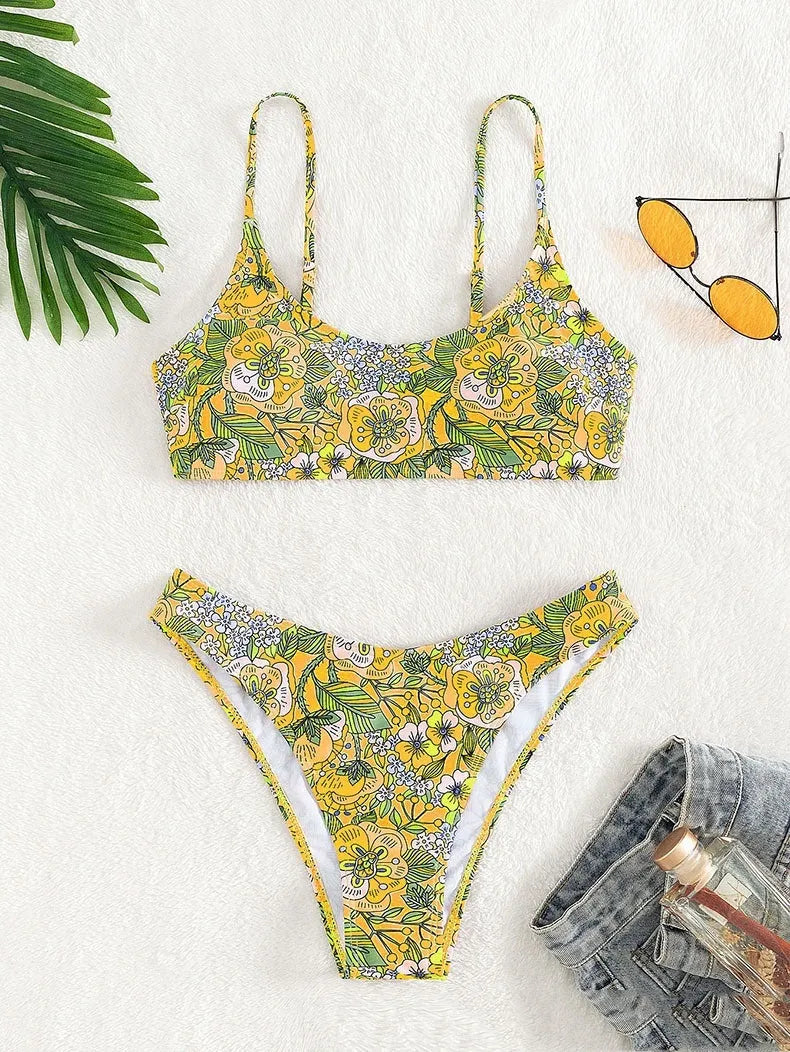 Women's printed two-piece bikini set in polyester, sleeveless sling top and briefs bottom, peacock blue or lemon yellow, sizes S M L