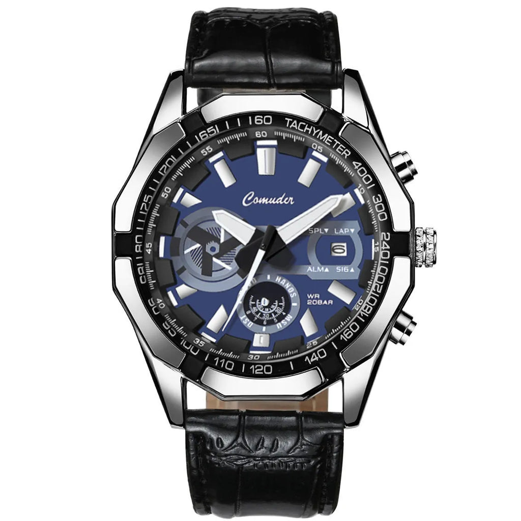 Men's waterproof luminous sports watch with large dial and 10mm case, shown in silver steel and black leather options.