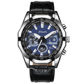 Men's waterproof luminous sports watch with large dial and 10mm case, shown in silver steel and black leather options.
