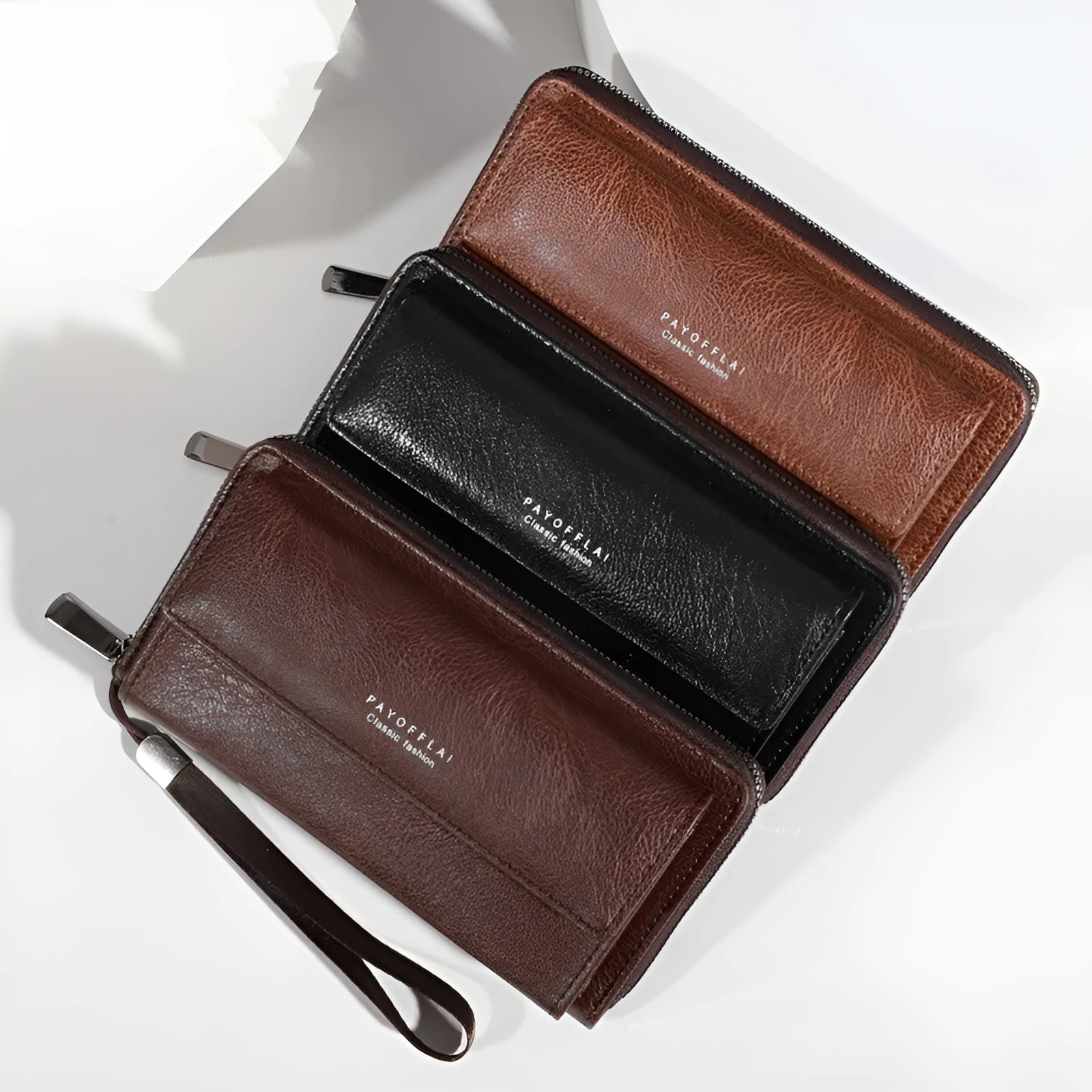 Men's casual long PU leather wallet showing multiple card slots, available in black, brown, and coffee colours