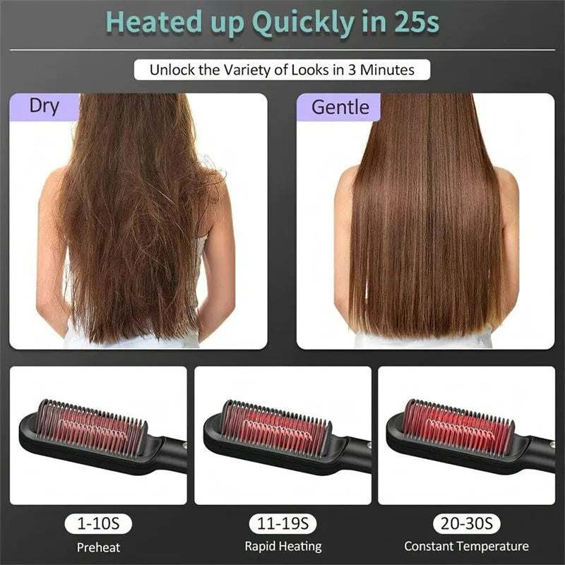 Red dual-function hair straightener comb with curling tong and tourmaline ceramic plates
