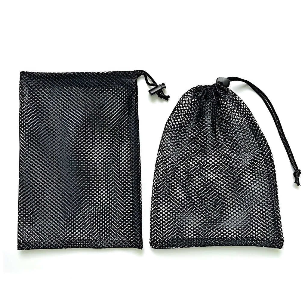 Black drawstring mesh storage bag for children's water ball toys in three size options.