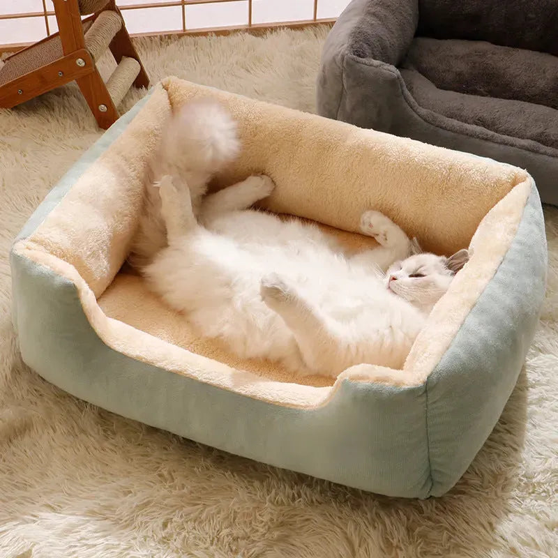 Soft plush pet bed cushion for cats and dogs shown in available colours.